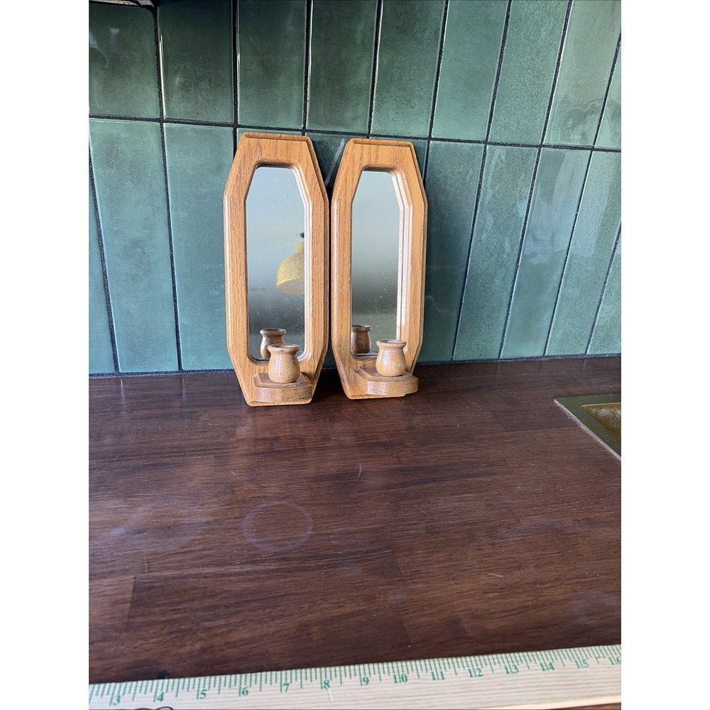 2X Vintage Mirrored Wood Wall Sconce Candle Holder Country Farmhouse Cottagecore